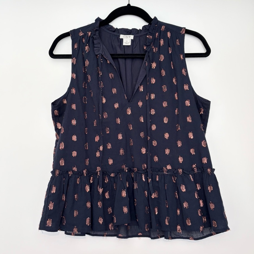 J Crew Ruffle Peplum Top Navy Metallic Dot Sleeveless XS NWOT